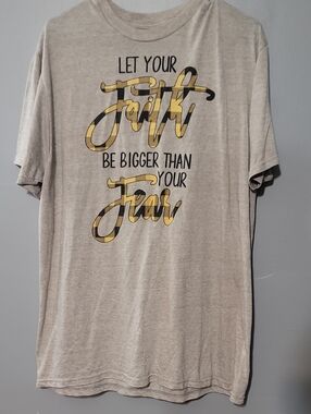 Women's Neutral Graphic Tee with Yellow Script Faith Message